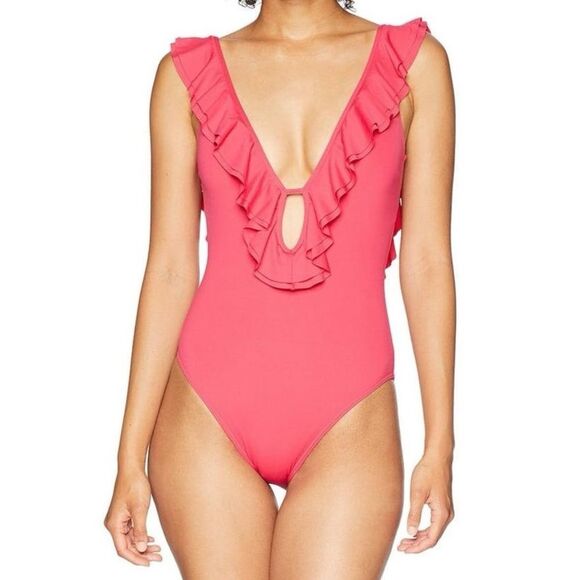 NWT Michael Kors Ruffled Low Cut One Piece Swimsuit Grapefruit Pink Size 10 NEW - Picture 16 of 16